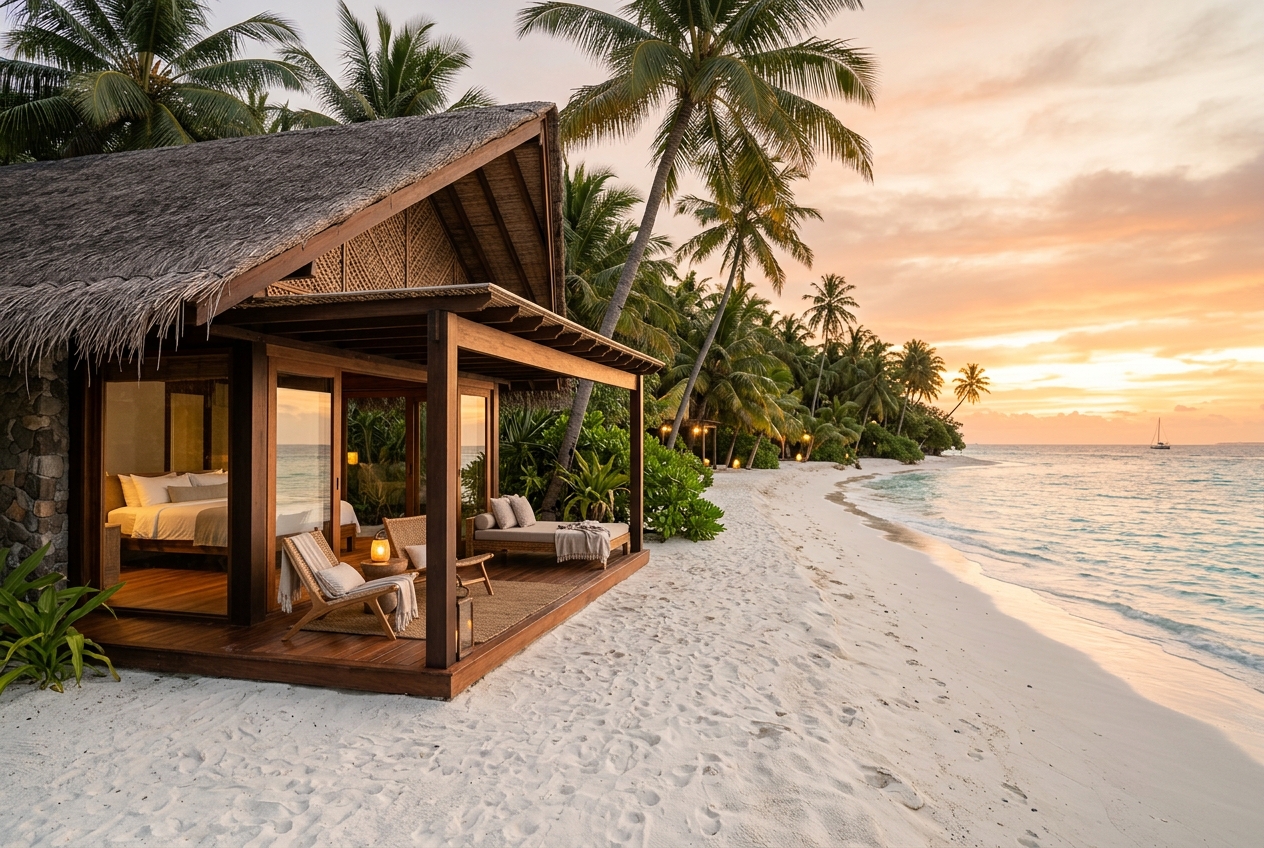 Pristine beachside cottage at sunset